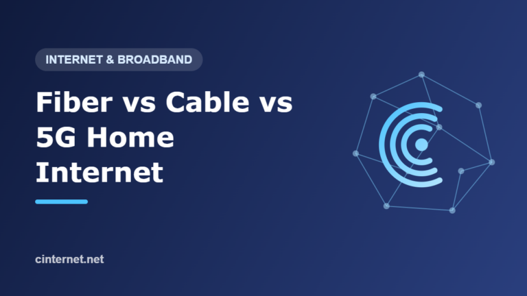 Network node graphic with the title Fiber vs Cable vs 5G Home Internet