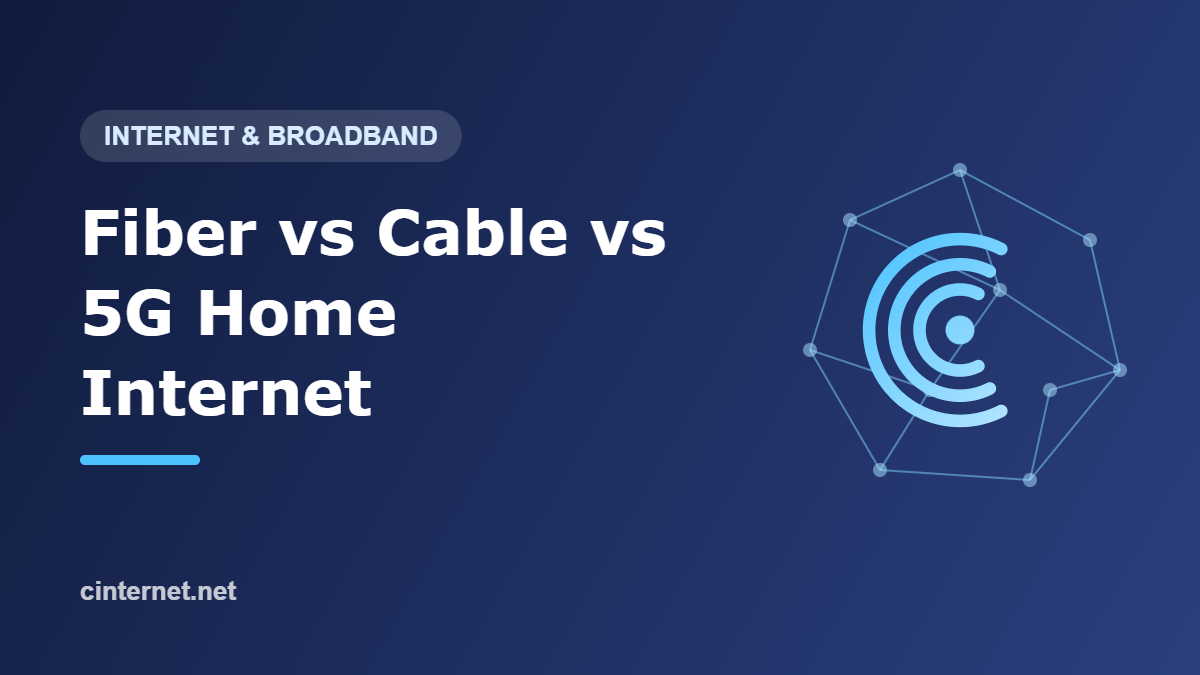 Network node graphic with the title Fiber vs Cable vs 5G Home Internet